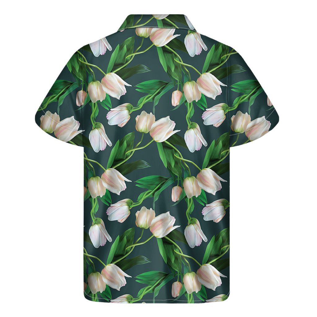 White Tulip Pattern Print Mens Short Sleeve Shirt Hawaiian