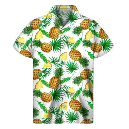 White Watercolor Pineapple Pattern Print Mens Short Sleeve Shirt Hawaiian