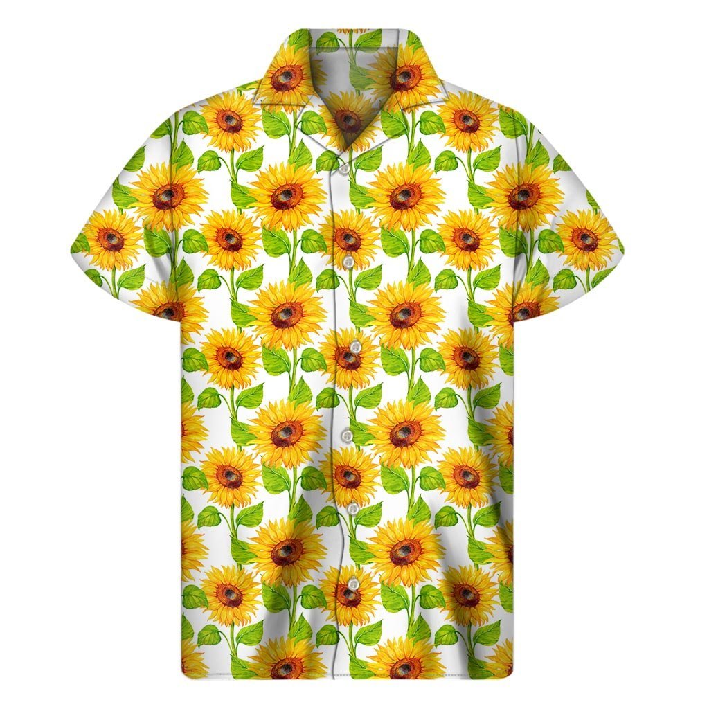 White Watercolor Sunflower Pattern Print Mens Short Sleeve Shirt Hawaiian