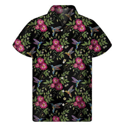 Wild Flowers And Hummingbird Print Mens Short Sleeve Shirt Hawaiian