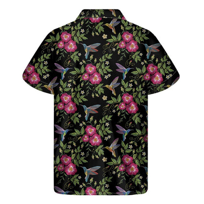 Wild Flowers And Hummingbird Print Mens Short Sleeve Shirt Hawaiian