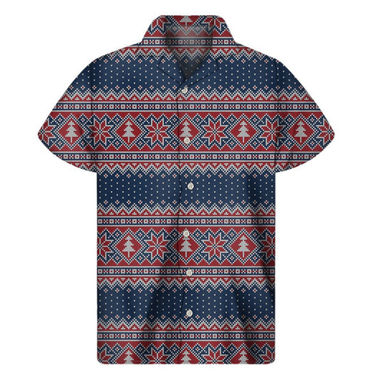 Winter Holiday Knitted Pattern Print Mens Short Sleeve Shirt Hawaiian