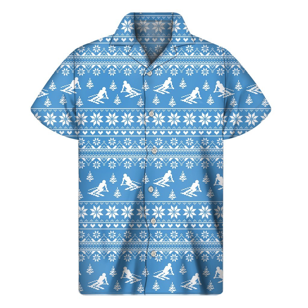 Winter Ski Knitting Pattern Print Mens Short Sleeve Shirt Hawaiian