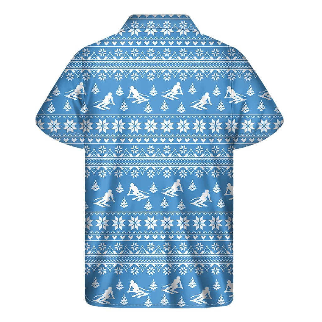 Winter Ski Knitting Pattern Print Mens Short Sleeve Shirt Hawaiian