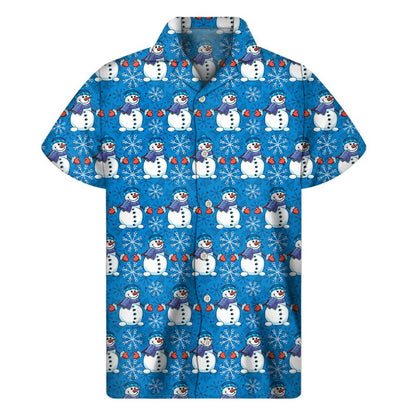 Winter Snowman Pattern Print Mens Short Sleeve Shirt Hawaiian