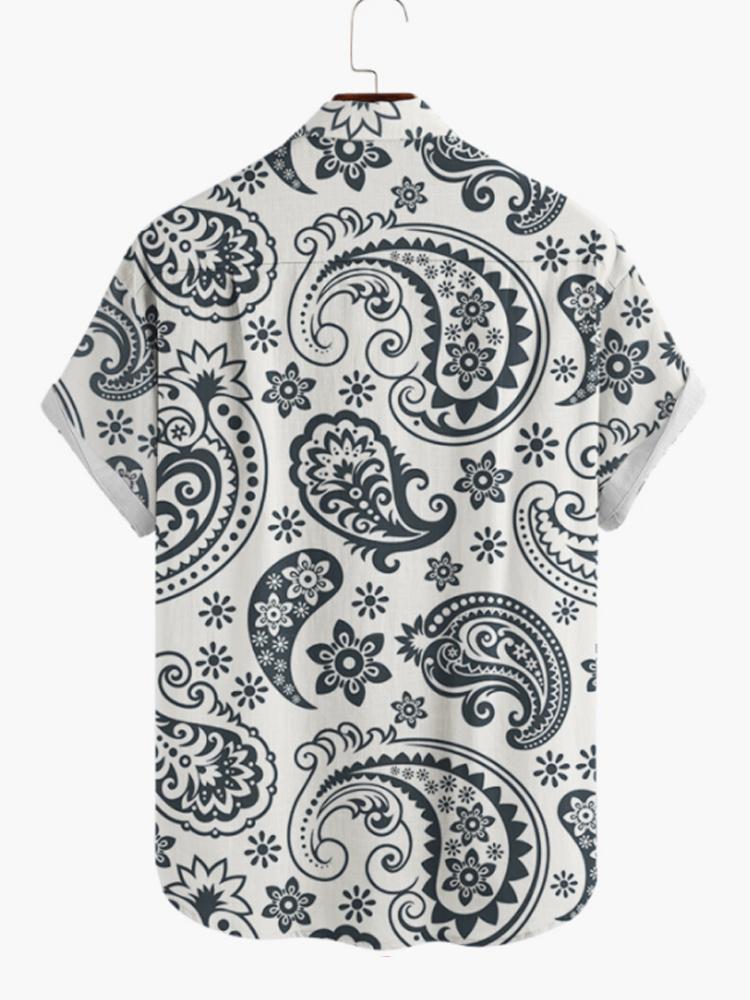 Cream Ethnic Printed Turndown Collar Button Down Mens Short Sleeve Shirt Hawaiian