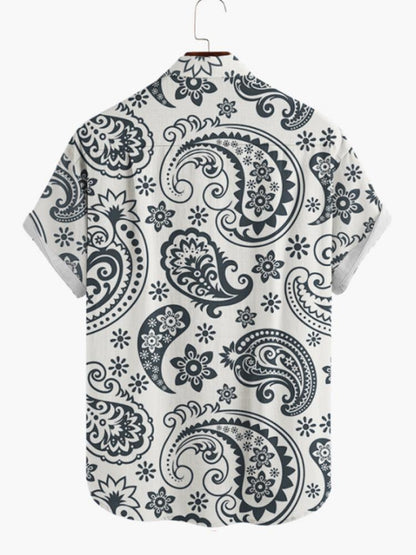 Cream Ethnic Printed Turndown Collar Button Down Mens Short Sleeve Shirt Hawaiian