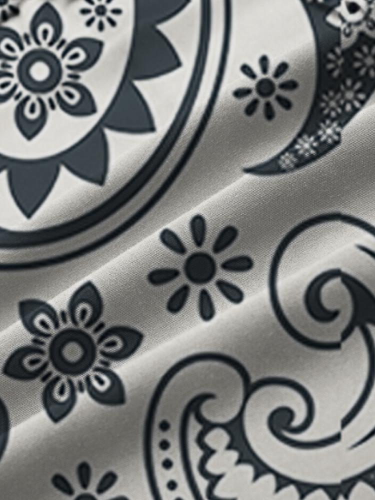 Cream Ethnic Printed Turndown Collar Button Down Mens Short Sleeve Shirt Hawaiian