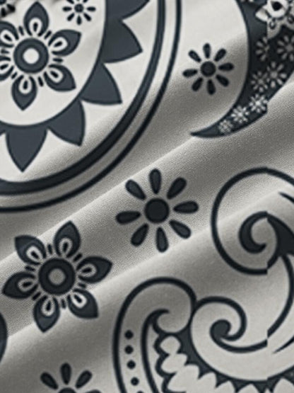 Cream Ethnic Printed Turndown Collar Button Down Mens Short Sleeve Shirt Hawaiian