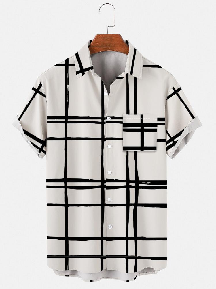 Irregular Grid Printed Short Sleeve Shirt Hawaiian