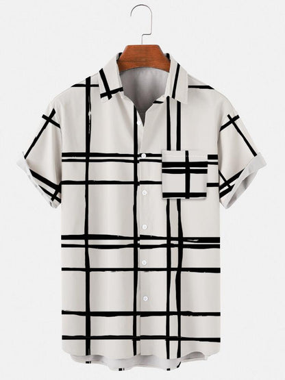 Irregular Grid Printed Short Sleeve Shirt Hawaiian