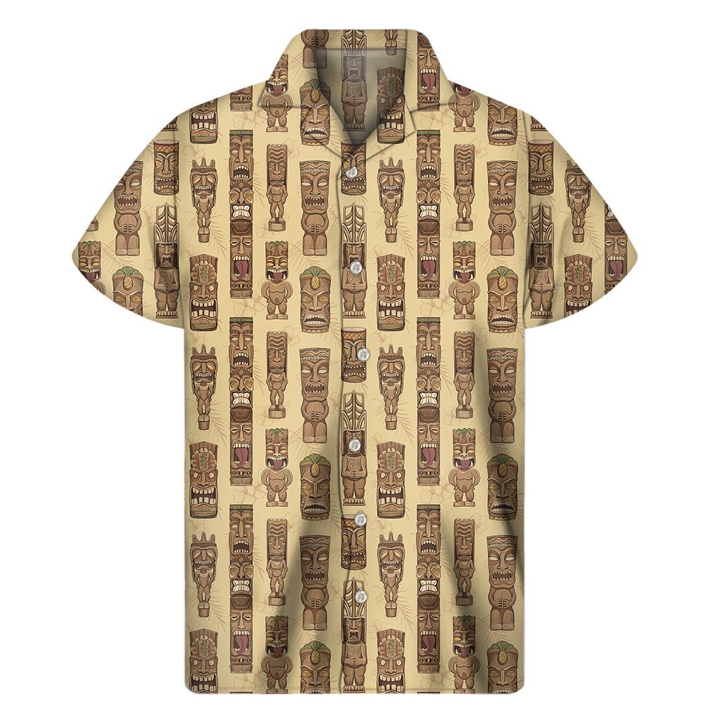 Wooden Tiki Pattern Print Mens Short Sleeve Shirt Hawaiian