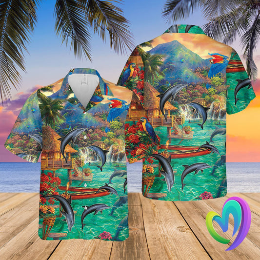 Dolphin Hawaiian Summer Beach Shirt Funny Aloha