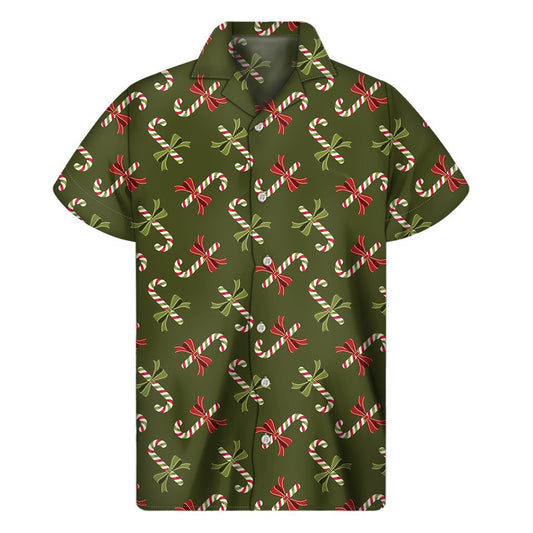 Xmas Candy Cane Pattern Print Mens Short Sleeve Shirt Hawaiian