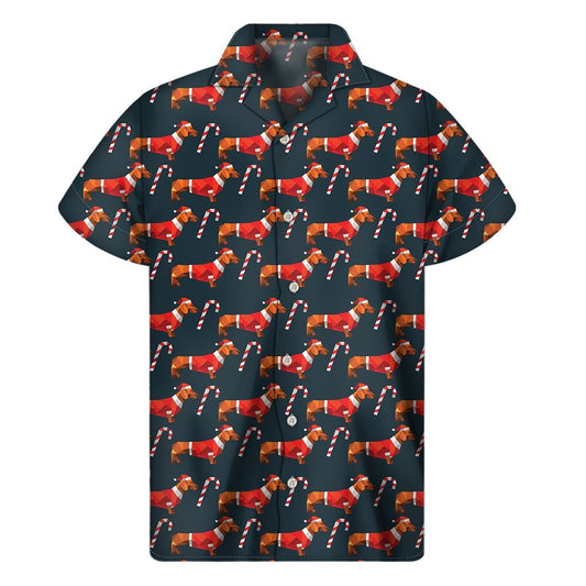 Xmas Dachshund Pattern Print Mens Short Sleeve Shirt Hawaiian