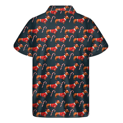 Xmas Dachshund Pattern Print Mens Short Sleeve Shirt Hawaiian