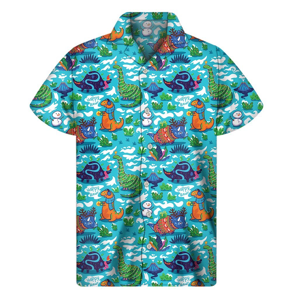 Xmas Dinosaur Pattern Print Mens Short Sleeve Shirt Hawaiian