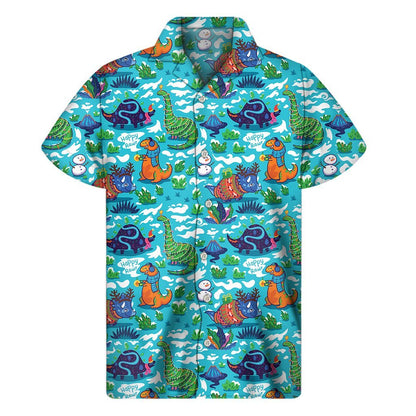 Xmas Dinosaur Pattern Print Mens Short Sleeve Shirt Hawaiian