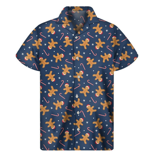 Xmas Gingerbread Man Pattern Print Mens Short Sleeve Shirt Hawaiian