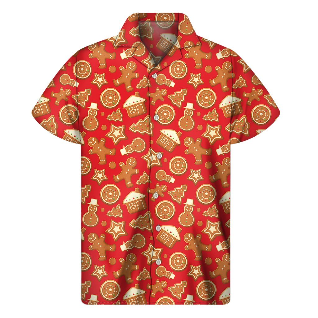 Xmas Gingerbread Pattern Print Mens Short Sleeve Shirt Hawaiian