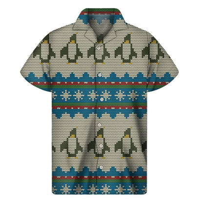 Xmas Penguin Pattern Print Mens Short Sleeve Shirt Hawaiian