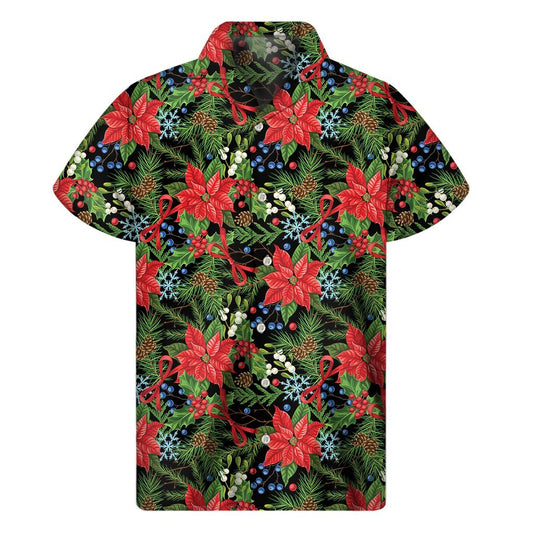 Xmas Poinsettia Pattern Print Mens Short Sleeve Shirt Hawaiian