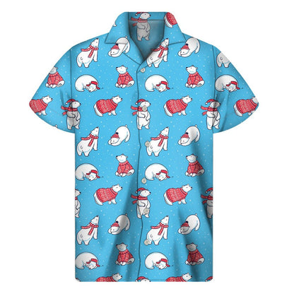 Xmas Polar Bear Pattern Print Mens Short Sleeve Shirt Hawaiian