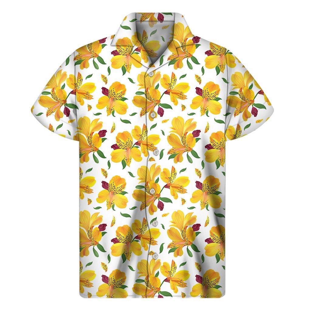 Yellow Alstroemeria Pattern Print Mens Short Sleeve Shirt Hawaiian