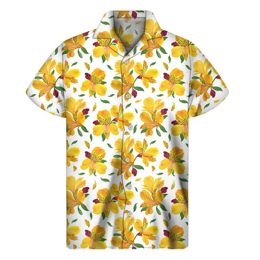 Yellow Alstroemeria Pattern Print Mens Short Sleeve Shirt Hawaiian