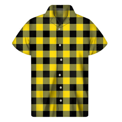 Yellow And Black Buffalo Check Print Mens Short Sleeve Shirt Hawaiian