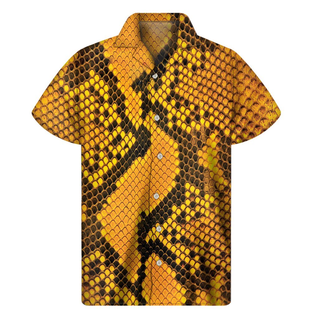 Yellow And Black Snakeskin Print Mens Short Sleeve Shirt Hawaiian