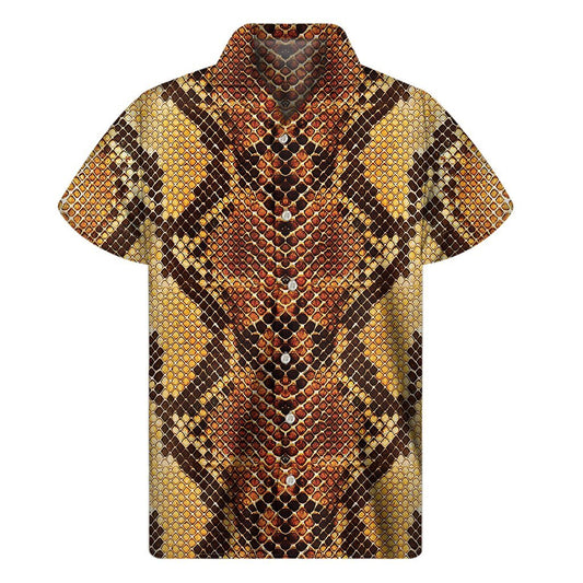 Yellow And Brown Snakeskin Print Mens Short Sleeve Shirt Hawaiian