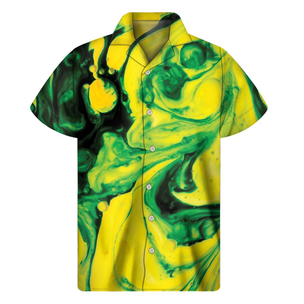 Yellow And Green Acid Melt Print Mens Short Sleeve Shirt Hawaiian