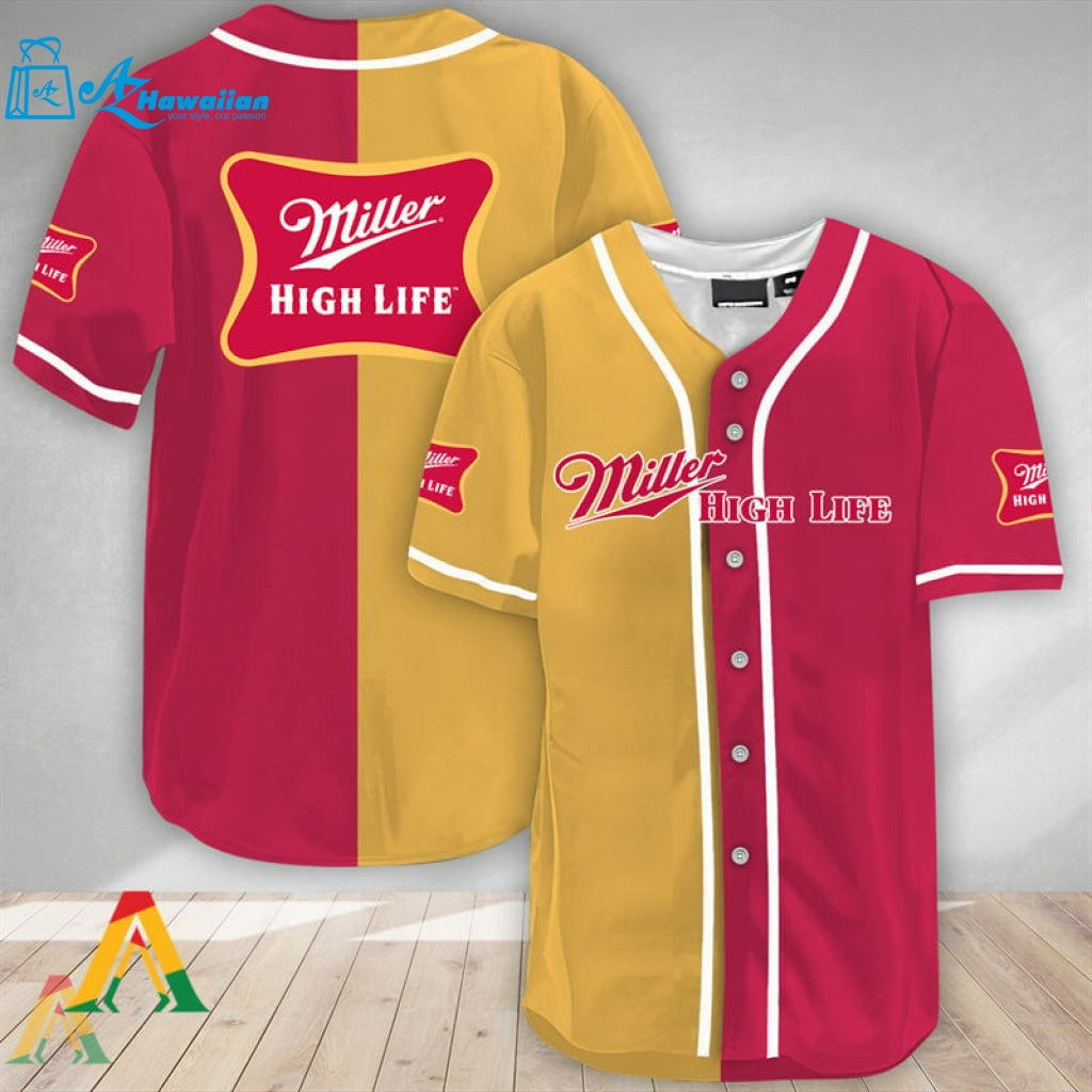 Yellow And Maroon Split Miller High Life Baseball Jersey