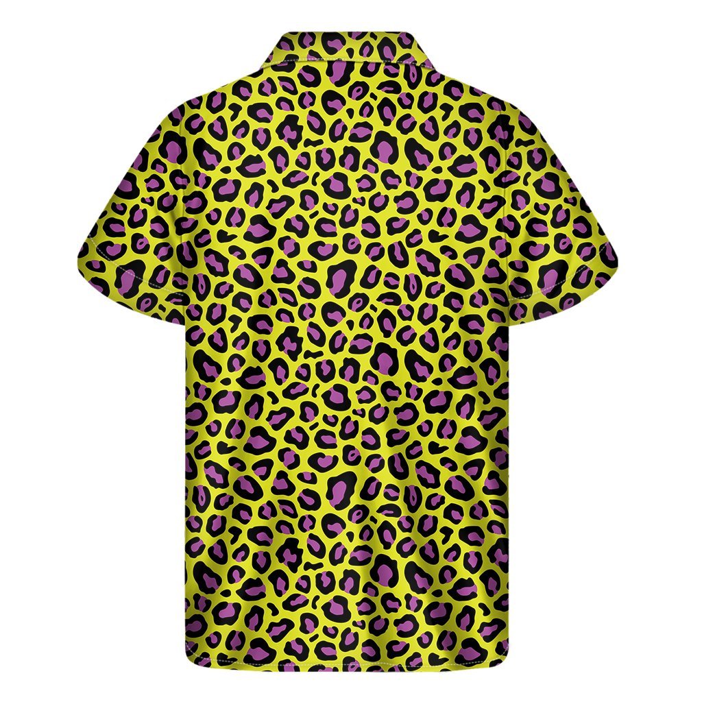 Yellow And Purple Leopard Pattern Print Mens Short Sleeve Shirt Hawaiian