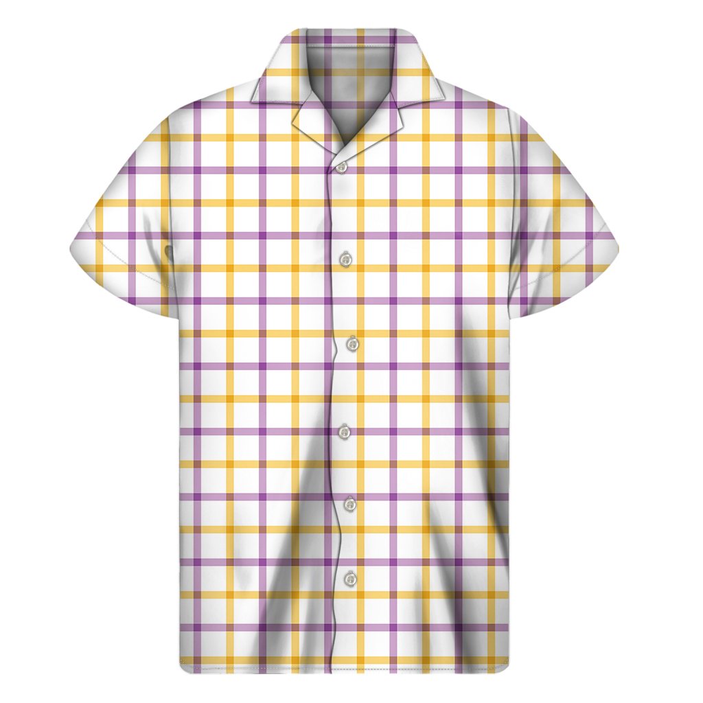 Yellow And Purple Tattersall Print Mens Short Sleeve Shirt Hawaiian