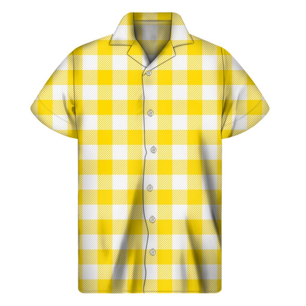 Yellow And White Buffalo Check Print Mens Short Sleeve Shirt Hawaiian