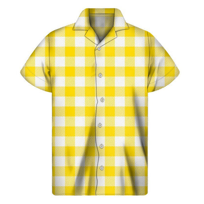 Yellow And White Buffalo Check Print Mens Short Sleeve Shirt Hawaiian