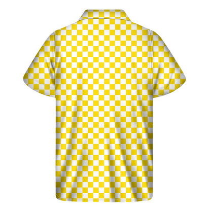 Yellow And White Checkered Pattern Print Mens Short Sleeve Shirt Hawaiian