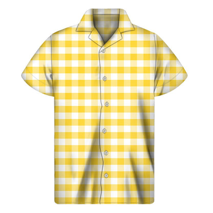 Yellow And White Gingham Pattern Print Mens Short Sleeve Shirt Hawaiian