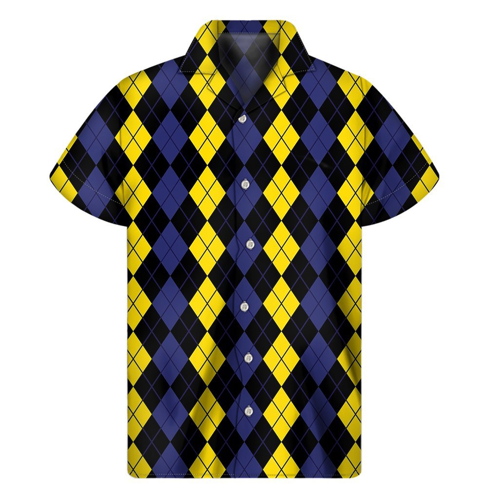 Yellow Black And Blue Argyle Print Mens Short Sleeve Shirt Hawaiian