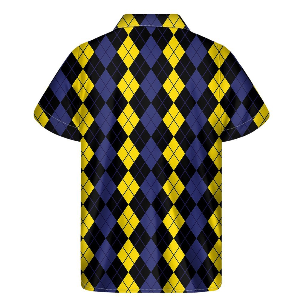 Yellow Black And Blue Argyle Print Mens Short Sleeve Shirt Hawaiian