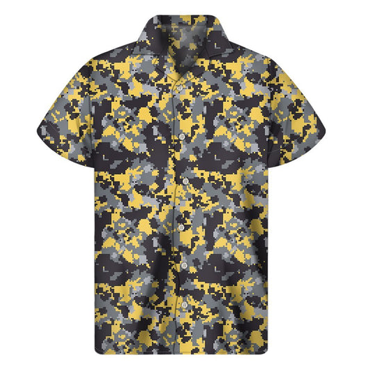 Yellow Black And Grey Digital Camo Print Mens Short Sleeve Shirt Hawaiian