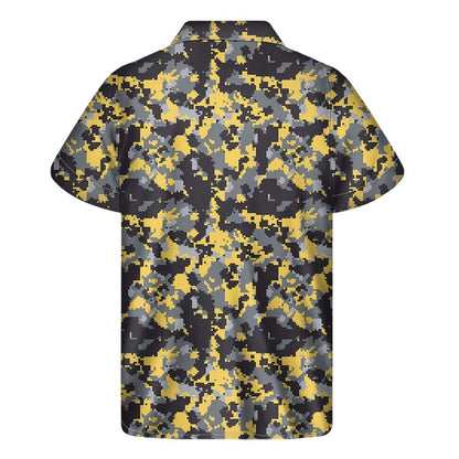 Yellow Black And Grey Digital Camo Print Mens Short Sleeve Shirt Hawaiian