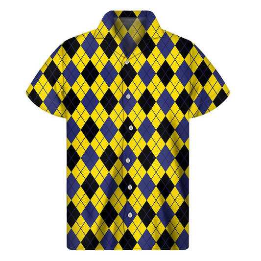 Yellow Blue And Black Argyle Print Mens Short Sleeve Shirt Hawaiian