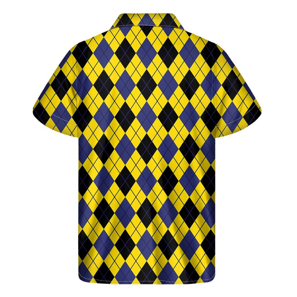 Yellow Blue And Black Argyle Print Mens Short Sleeve Shirt Hawaiian