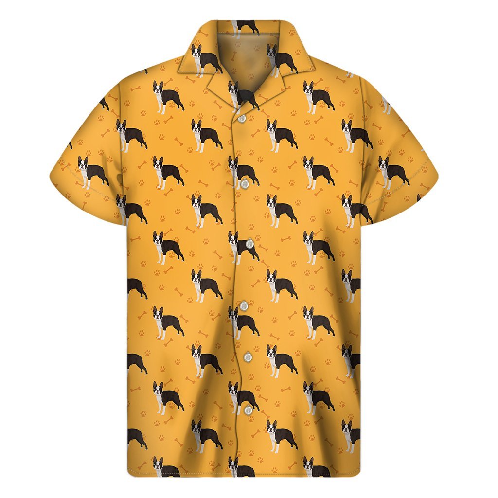 Yellow Boston Terrier Pattern Print Mens Short Sleeve Shirt Hawaiian