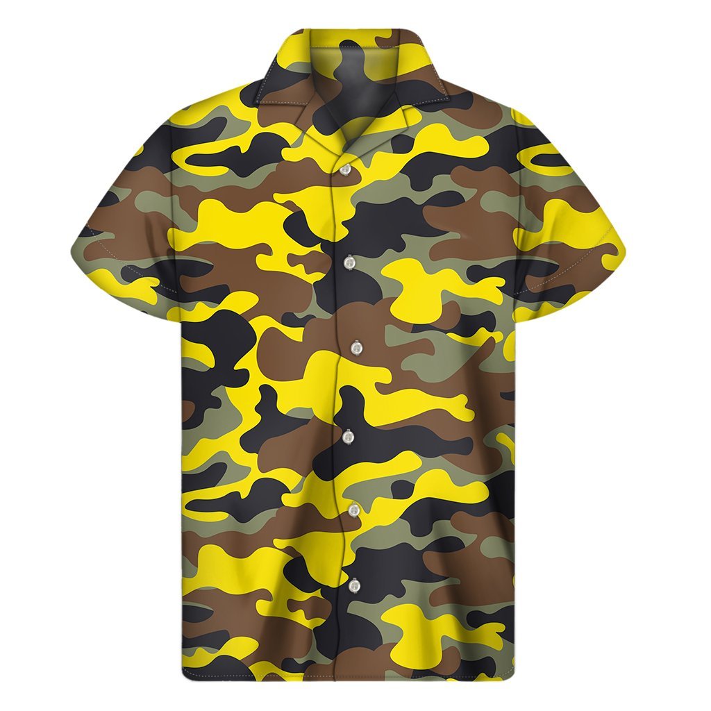 Yellow Brown And Black Camouflage Print Mens Short Sleeve Shirt Hawaiian