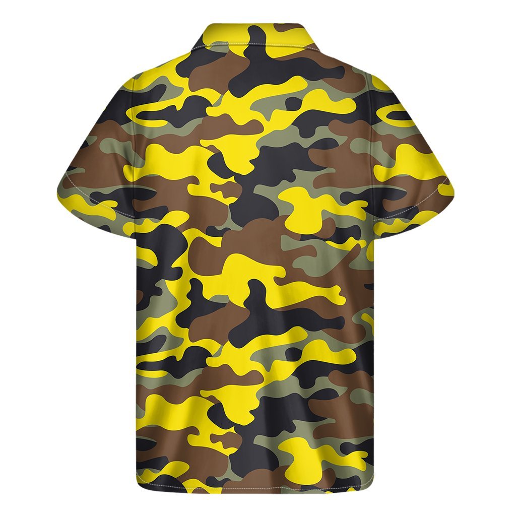 Yellow Brown And Black Camouflage Print Mens Short Sleeve Shirt Hawaiian