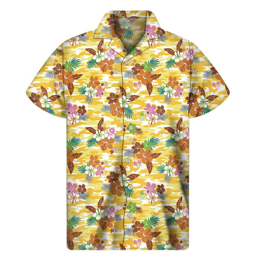 Yellow Camo And Hibiscus Flower Print Mens Short Sleeve Shirt Hawaiian